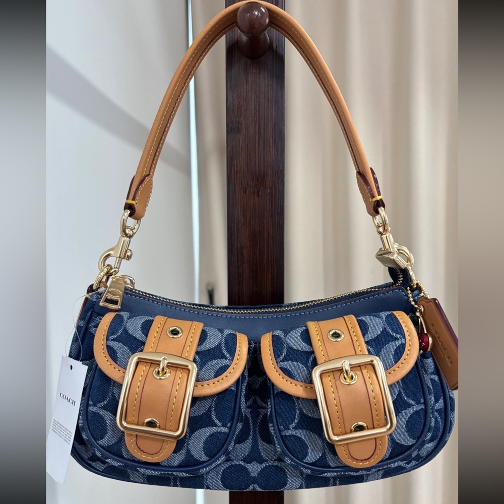 COACH Ashton Baguette Bag In Signature Canvas Denim/Brown CY700 - Picture 2 of 13